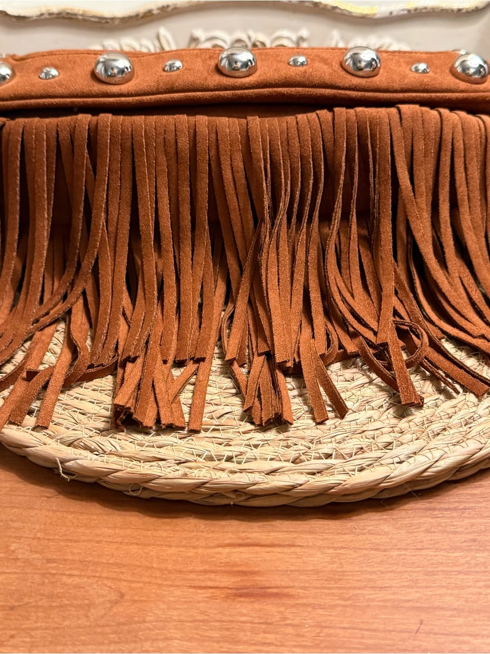 True Religion Rust Brown Suede Fringe Shoulder Bag with Studs - Picture 11 of 13